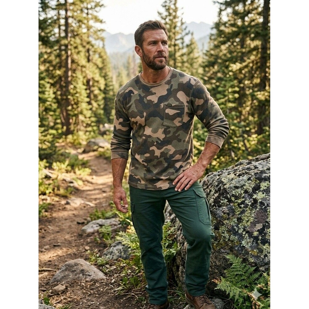 Stanley Shirt Men's S Camo Waffle Knit Thermal Long Sleeve Pocket Green Brown